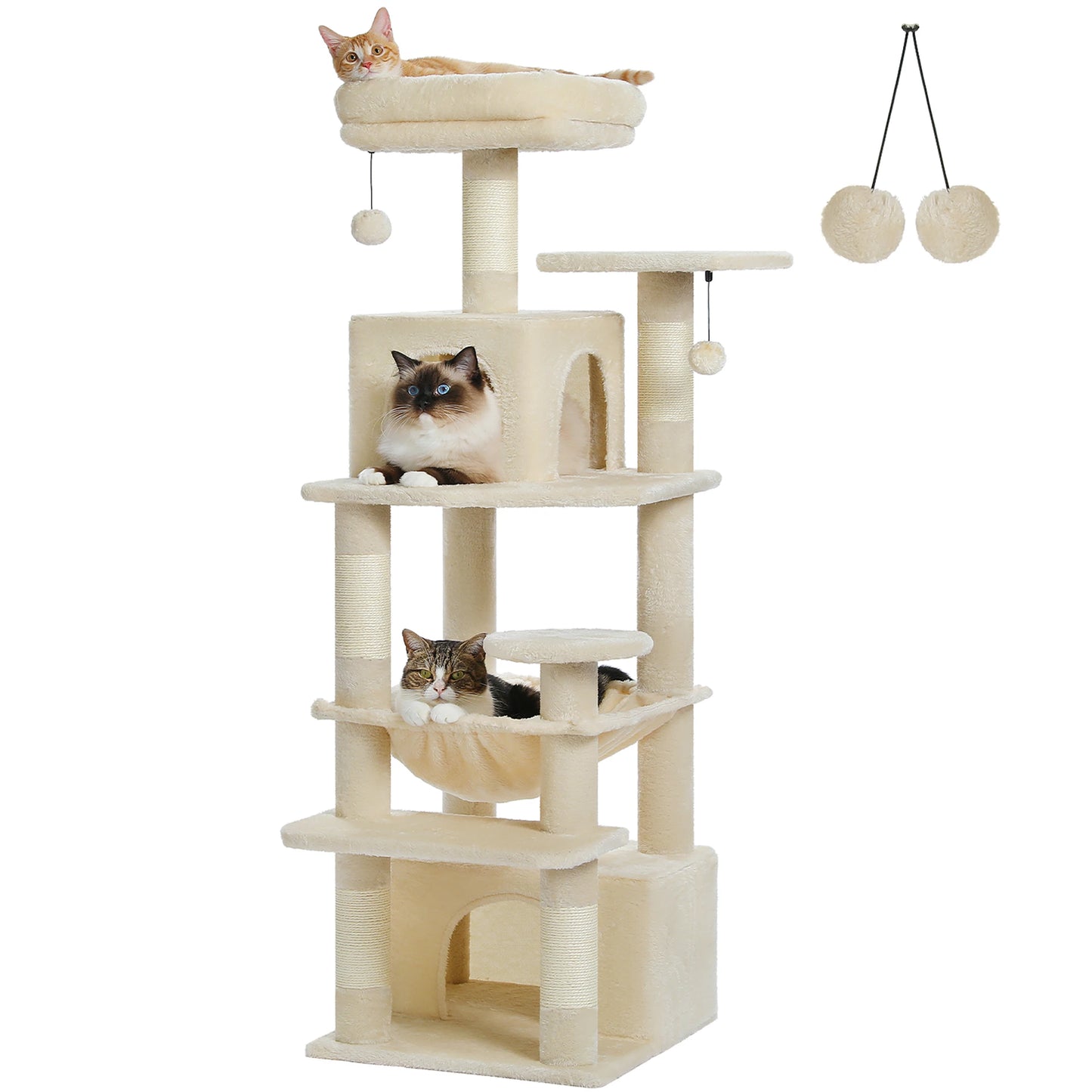 Vue latérale de l'arbre à chat beige 164 cm avec deux chats installés sur différents perchoirs