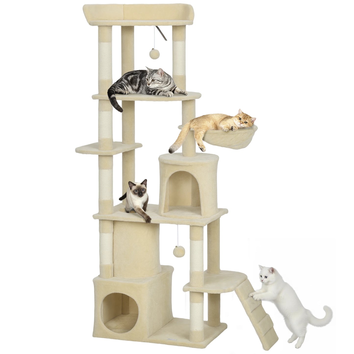 Vue en angle de l'arbre à chat beige 170 cm avec plusieurs chats répartis sur les différents niveaux