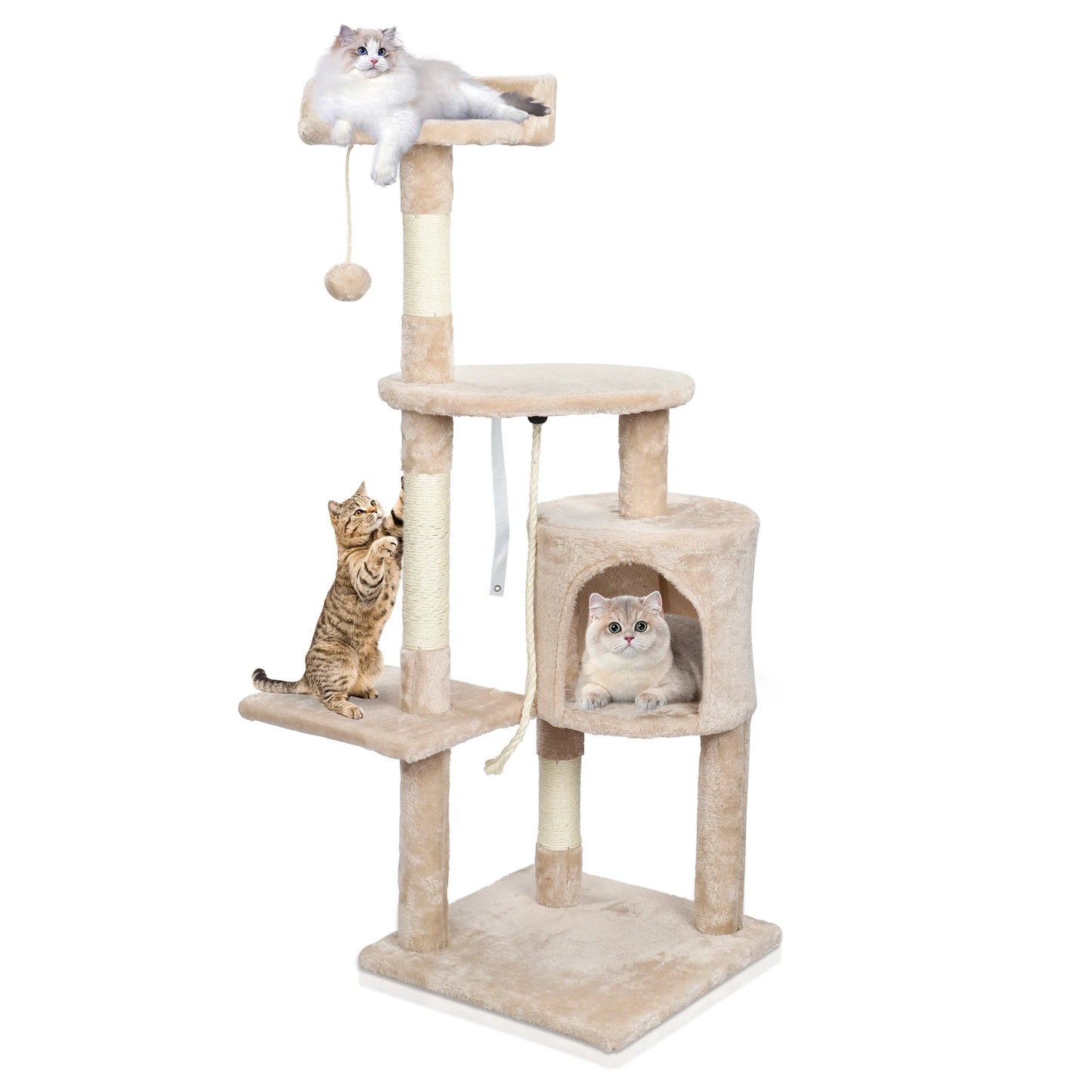 Vue produit de l'arbre à chat beige sur fond blanc avec chaton qui grimpe vers la niche