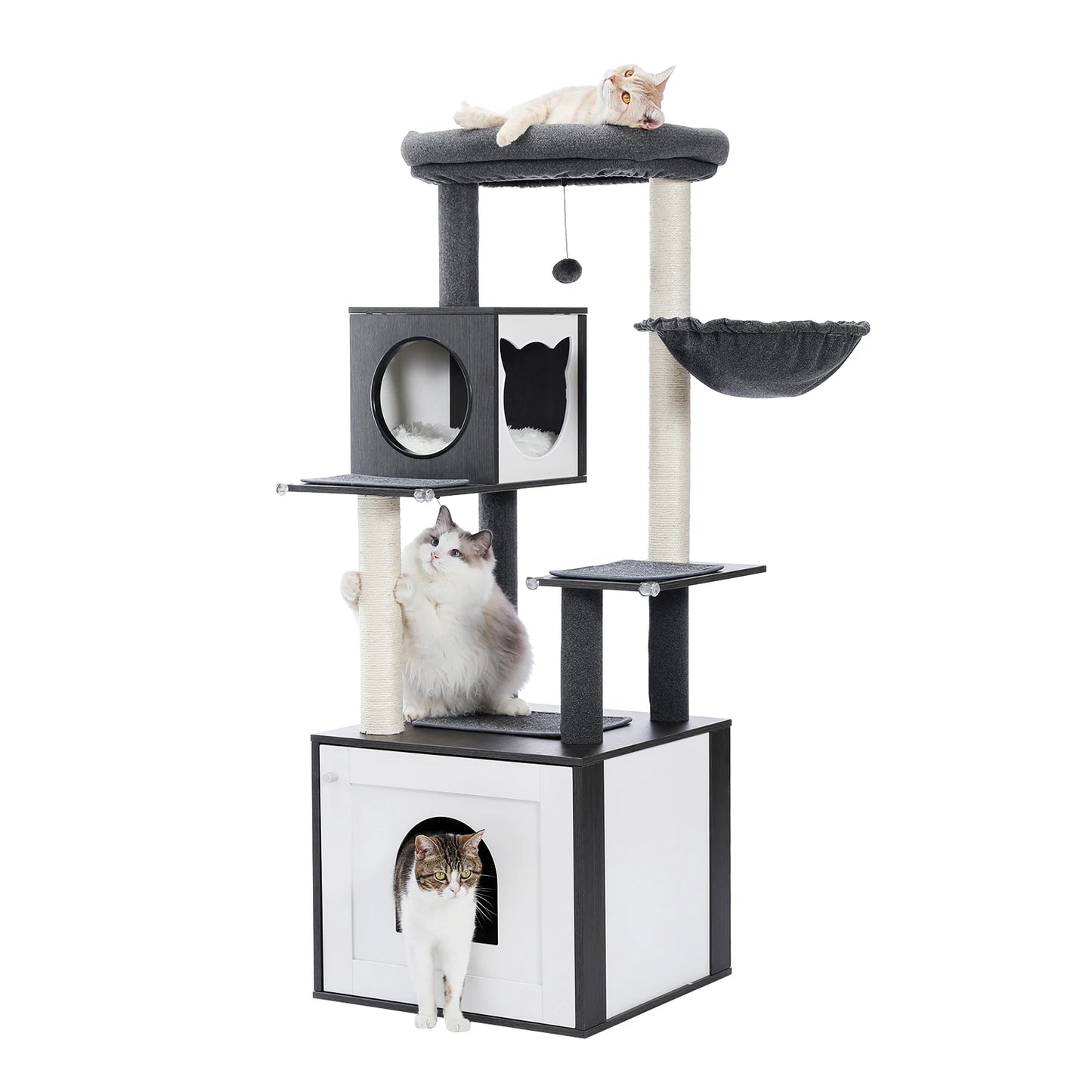 Vue latérale de l'arbre à chat en bois gris et blanc avec chat blanc installé sur le perchoir supérieur
