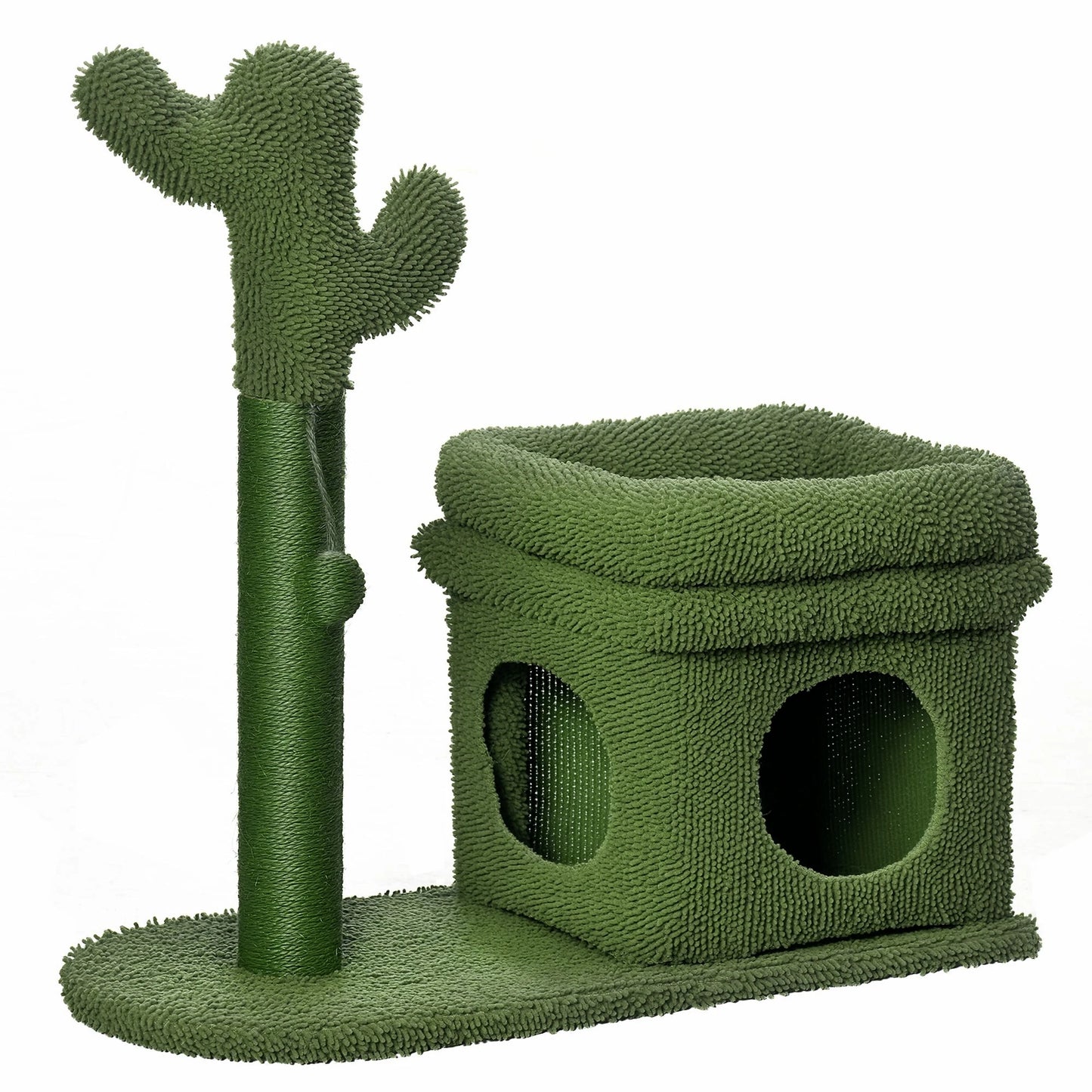 Vue complète de l'arbre à chat cactus chenille vert sur fond blanc avec niche ouverte bien visible
