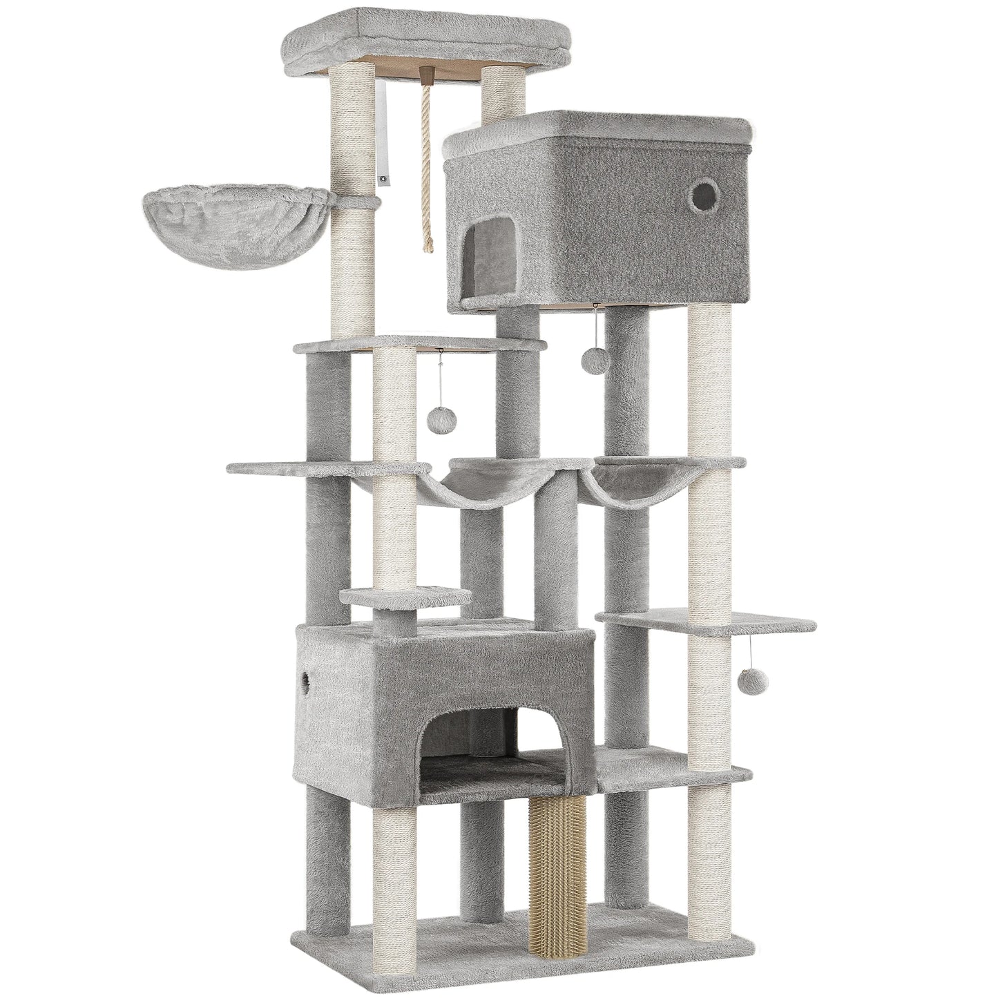 Vue produit complète de l'arbre à chat Maine Coon gris sur fond blanc avec tous les niveaux visibles