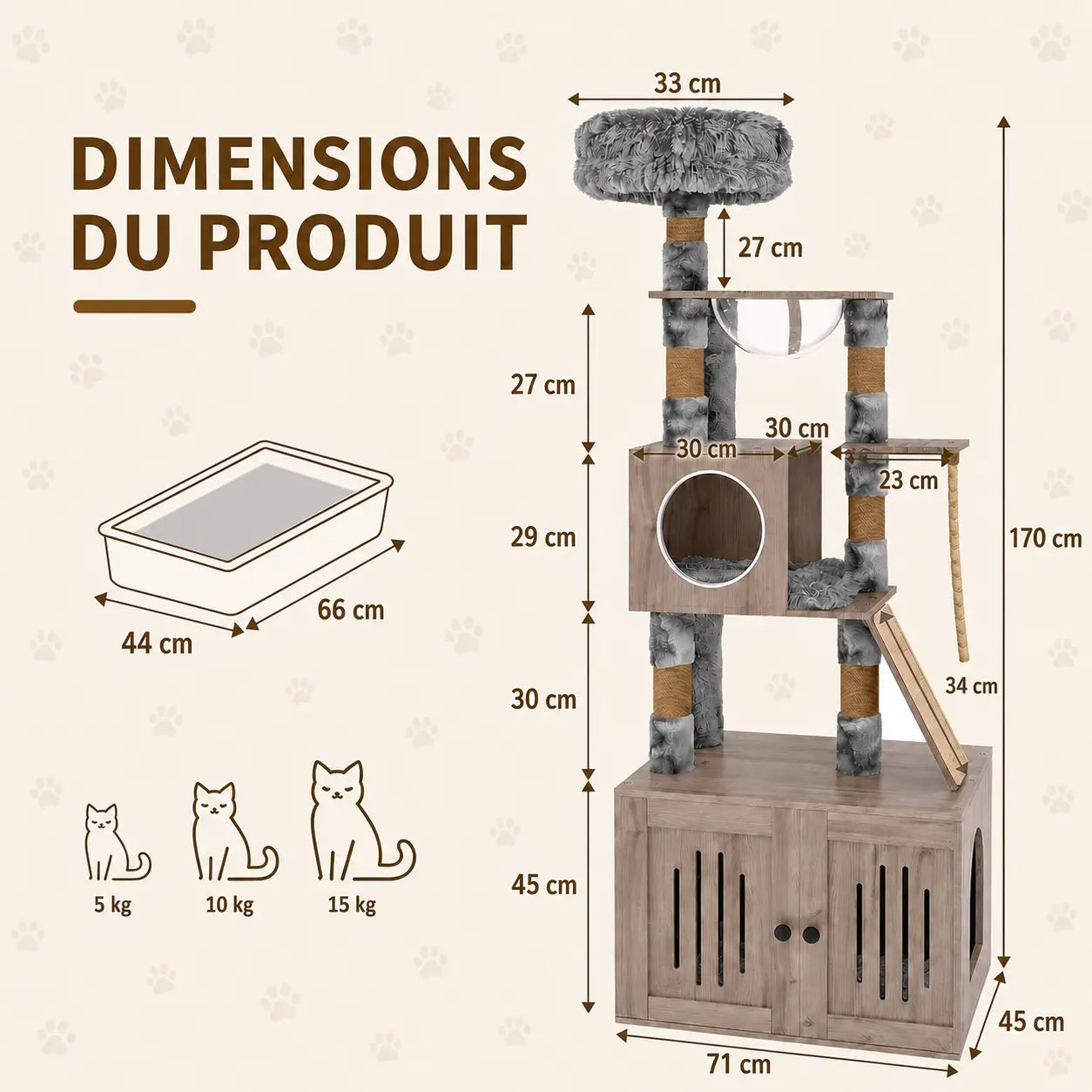 Schéma des dimensions techniques de l'arbre à chat Maine Coon avec meuble litière intégré