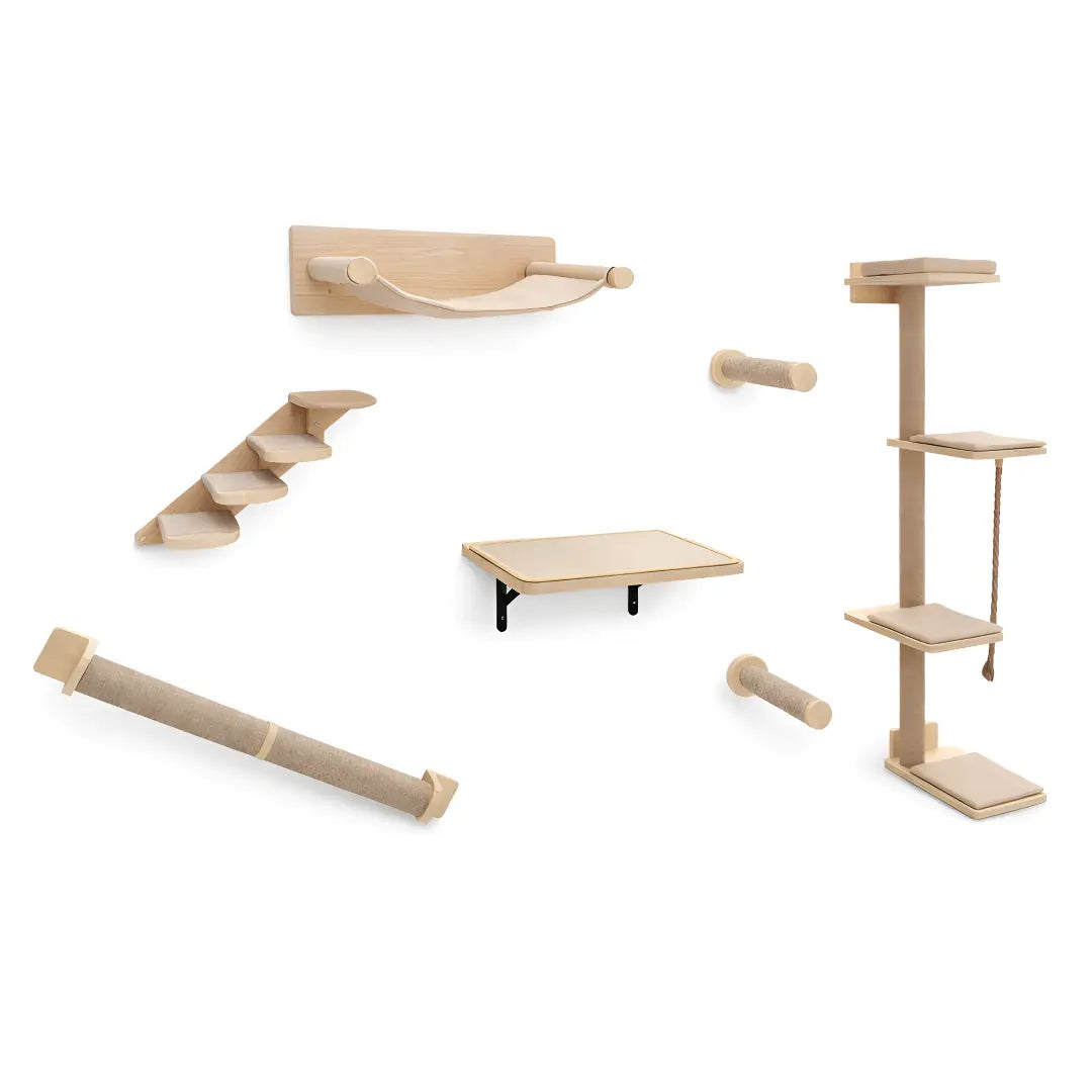 Arbre à chat mural modulaire en bois naturel avec plateformes, griffoirs en sisal et étagères murales