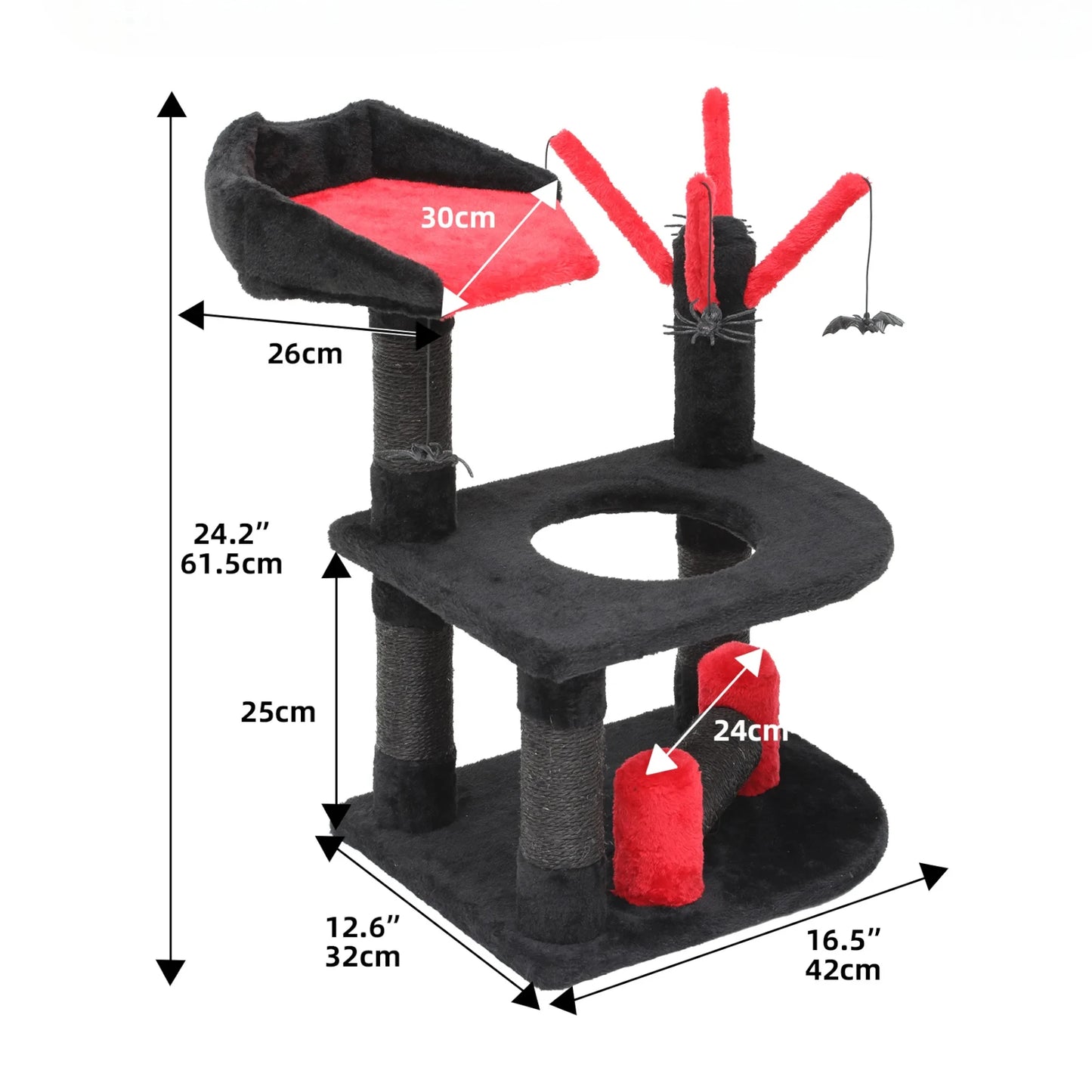 Schéma des dimensions de l'arbre à chat noir et rouge avec hauteur 61,5 cm et largeur 42 cm annotées