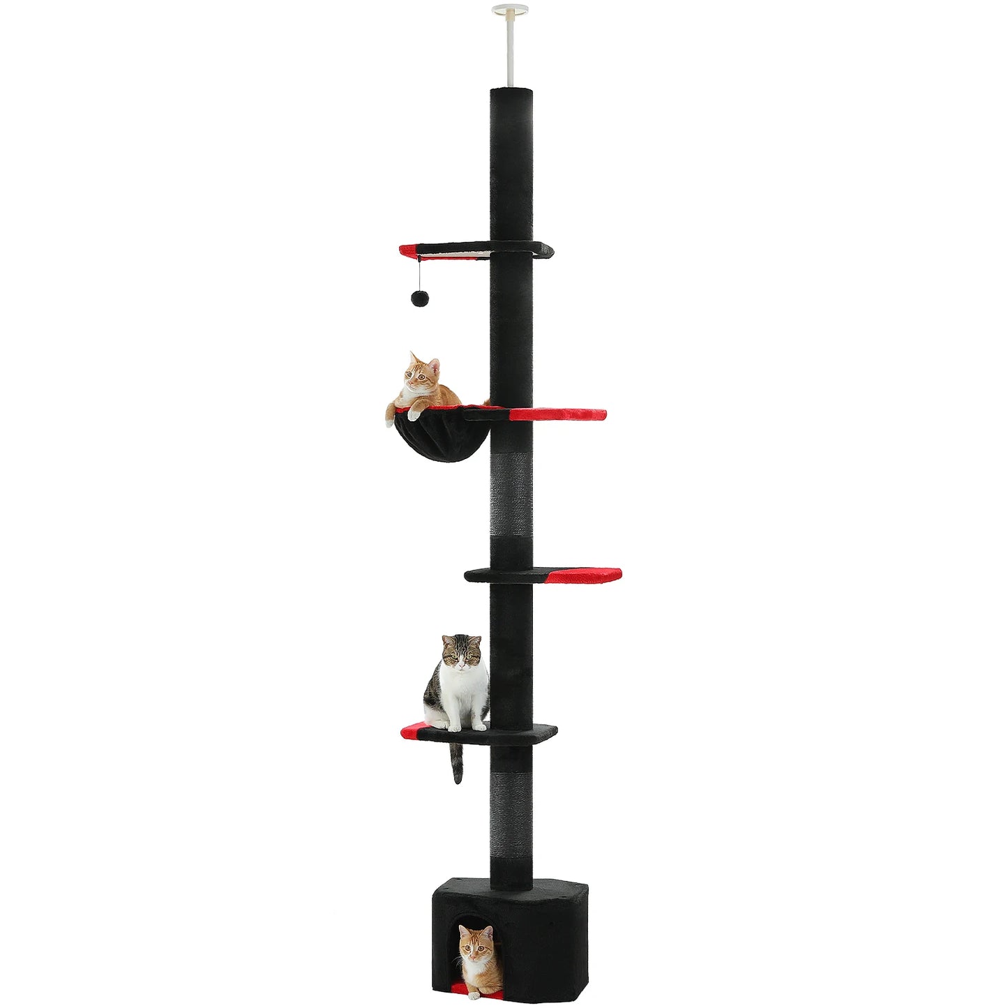 Vue produit de l'arbre à chat noir sol plafond sur fond neutre avec chat installé sur une plateforme rouge