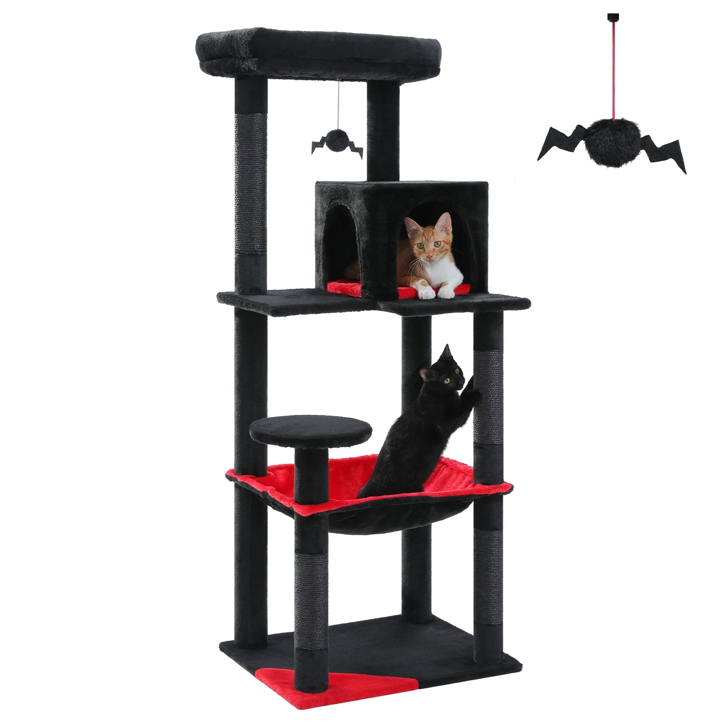 Vue latérale de l'arbre à chat noir et rouge avec chat noir installé dans la niche centrale