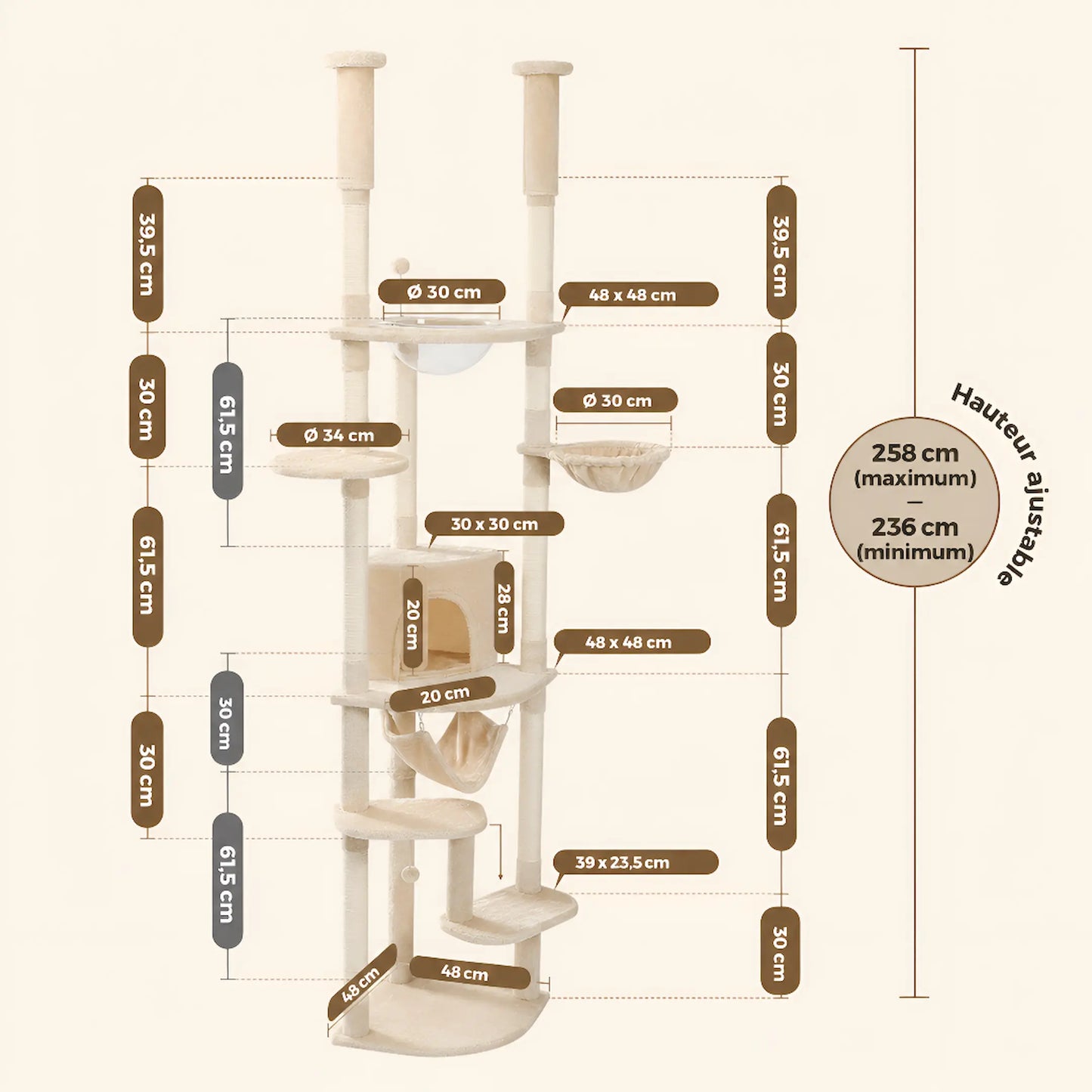 Plan technique détaillé de l'arbre à chat avec cotations, hauteurs ajustables de 236 à 258 cm, dimensions des plateformes et niches.