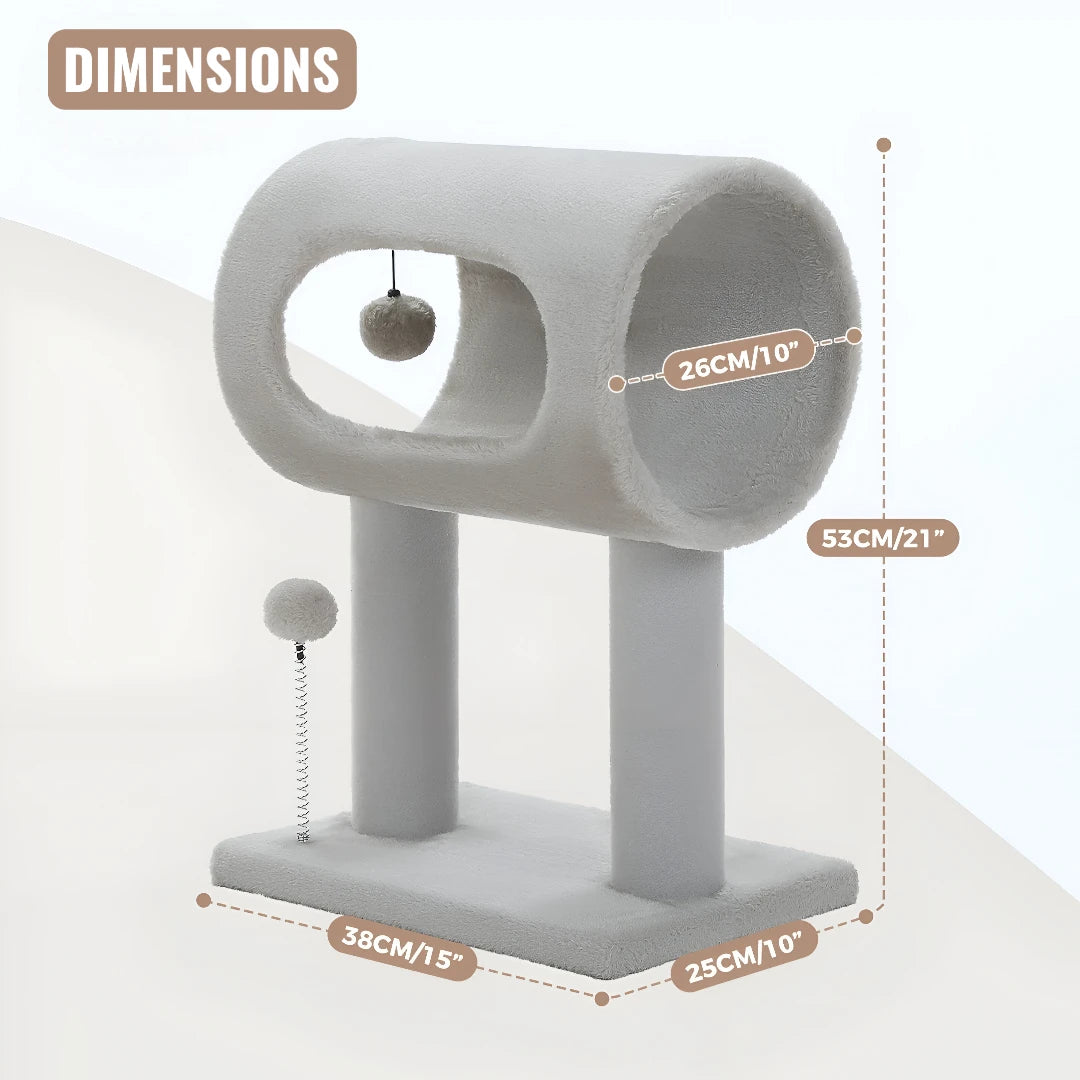 Schéma technique des dimensions du petit arbre à chat tunnel gris avec hauteur 53 cm et largeur 26 cm