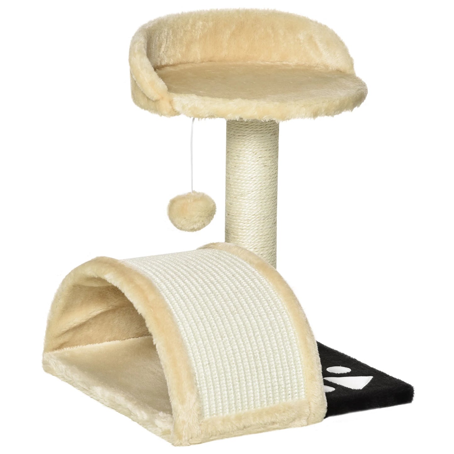 Vue en angle du petit arbre à chat tunnel beige avec balle suspendue et poteau sisal bien visibles