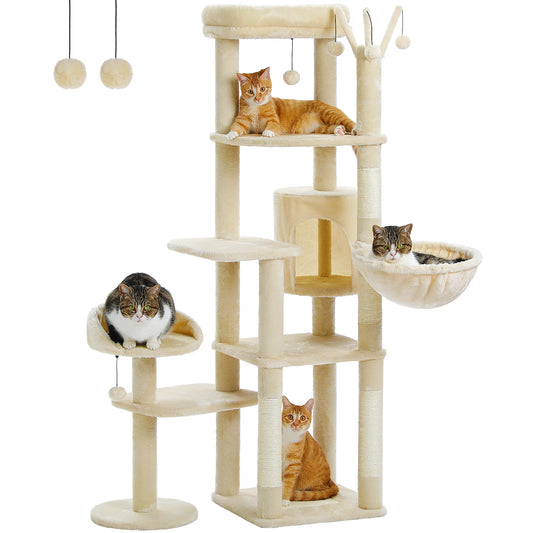 Arbre à chat beige multi-chats 6 étages avec corbeille coque et balles suspendues 150 cm