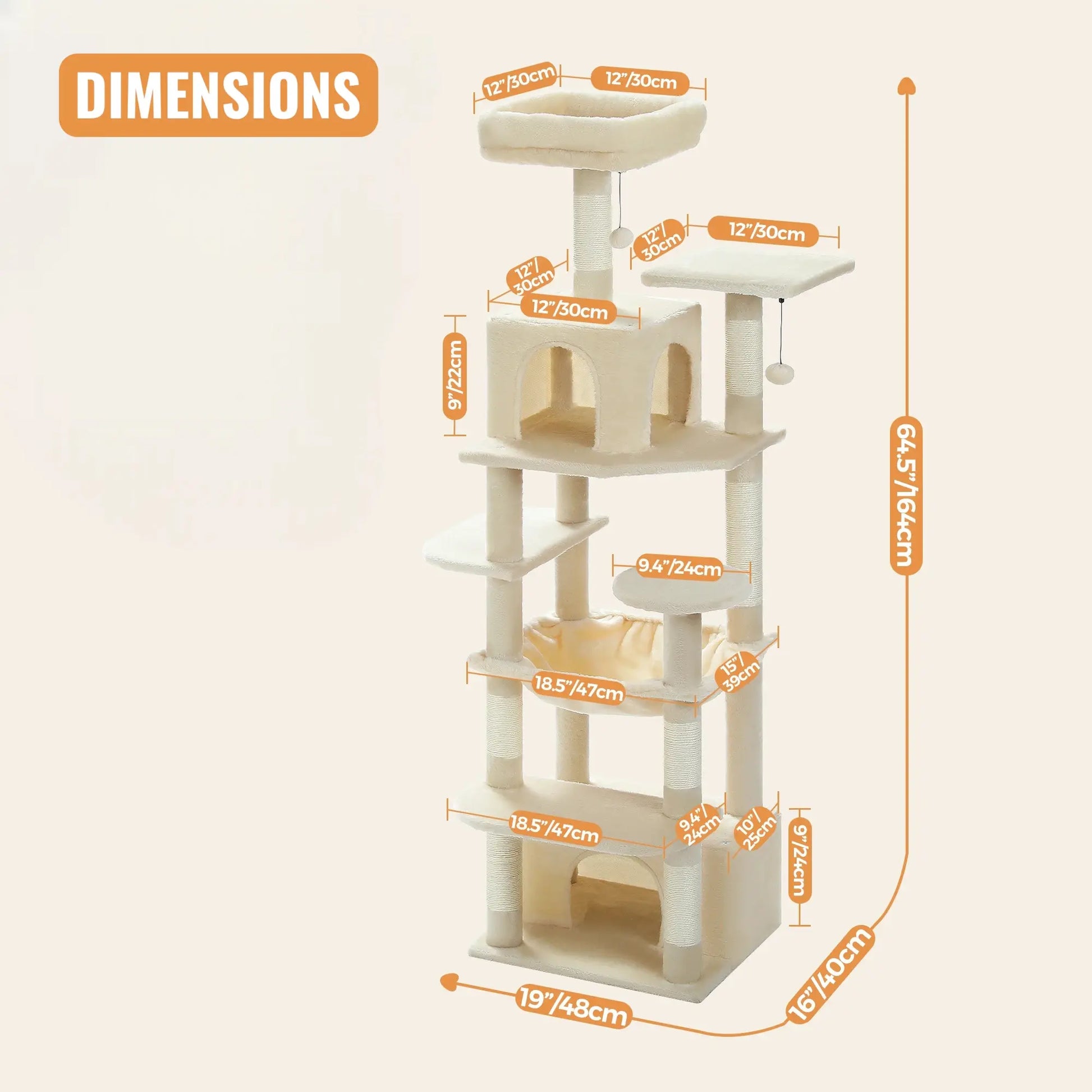 Schéma des dimensions de l'arbre à chat beige 164 cm avec toutes les mesures annotées en orange