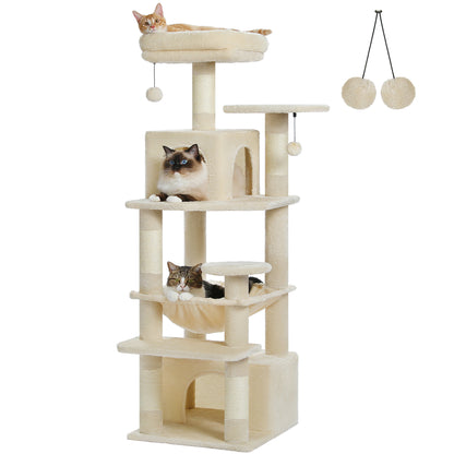 Vue latérale de l'arbre à chat beige 164 cm avec deux chats installés sur différents perchoirs