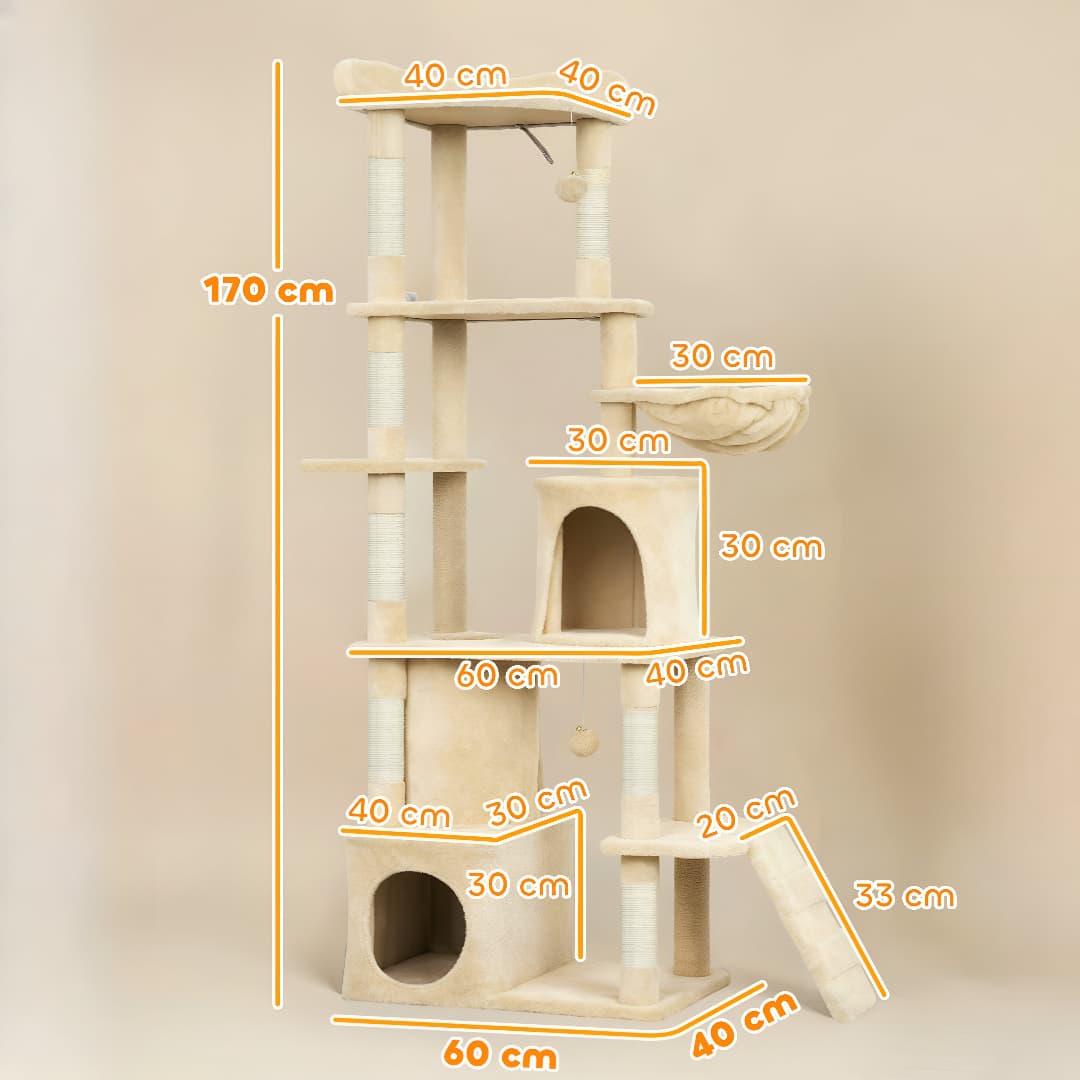 Schéma des dimensions de l'arbre à chat beige 170 cm avec base 60 x 40 cm et toutes les hauteurs annotées