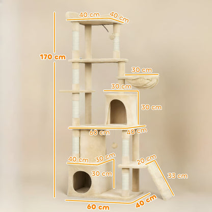 Schéma des dimensions de l'arbre à chat beige 170 cm avec base 60 x 40 cm et toutes les hauteurs annotées