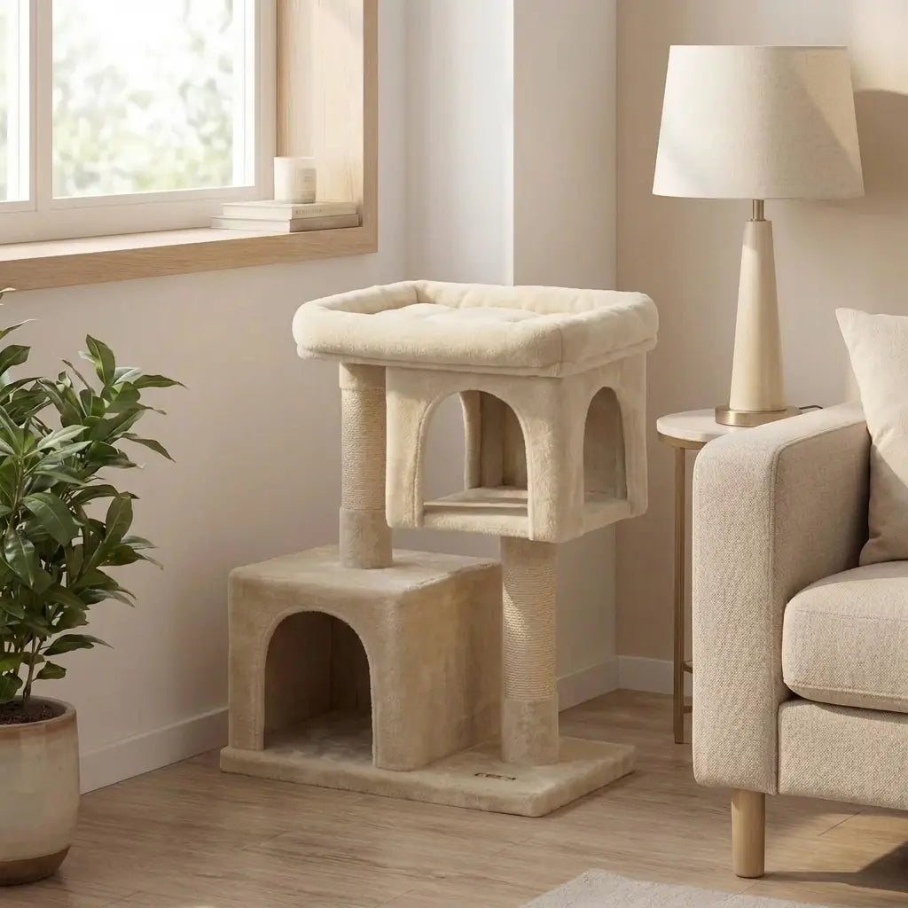 Arbre à chat beige à 2 niveaux avec niches, poteaux en sisal et plateforme rembourrée dans un salon lumineux