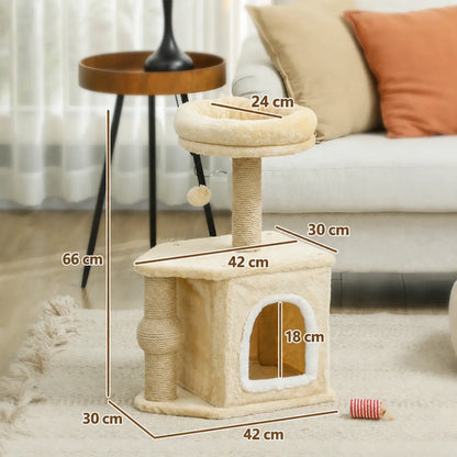 Arbre à chat beige de 66 cm avec griffoirs, niche, plateforme et panier supérieur, dimensions indiquées sur l’image