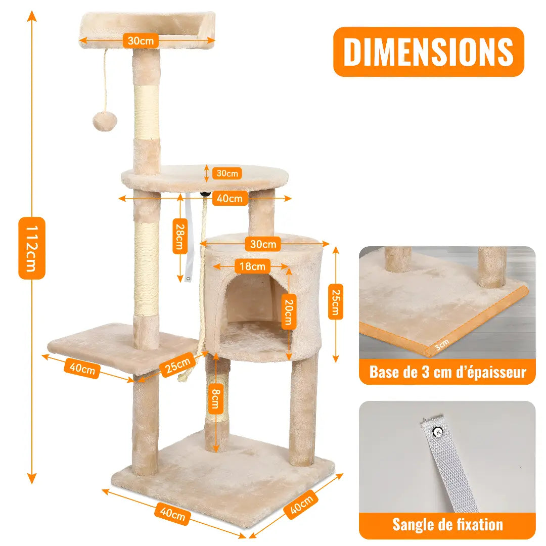 Schéma de l'arbre à chat beige avec base de 3 cm d'épaisseur, sangle de fixation et dimensions annotées