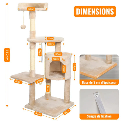 Schéma de l'arbre à chat beige avec base de 3 cm d'épaisseur, sangle de fixation et dimensions annotées