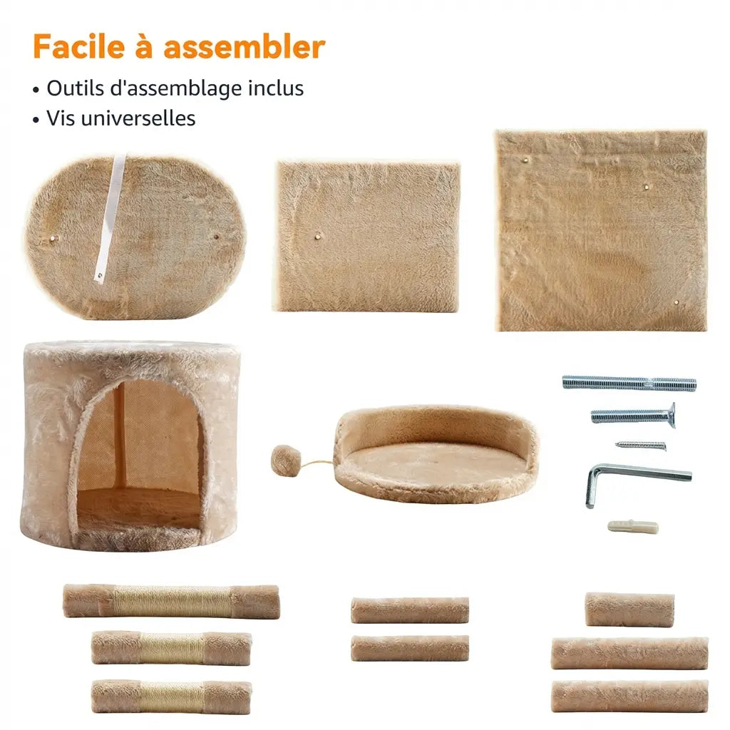 Contenu de la boîte de l'arbre à chat beige avec toutes les pièces détachées pour un assemblage facile