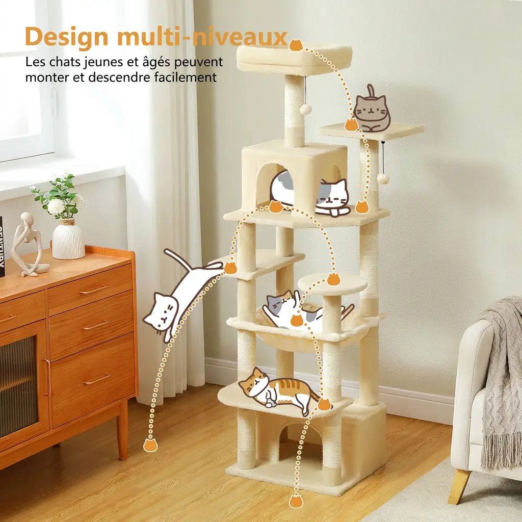 Arbre à chat beige design multi-niveaux adapté aux chatons et chats âgés, installé près d'une commode en bois