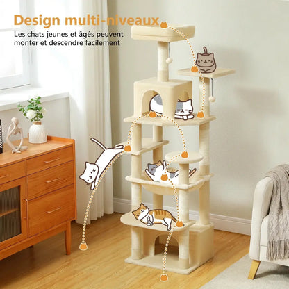Arbre à chat beige design multi-niveaux adapté aux chatons et chats âgés, installé près d'une commode en bois