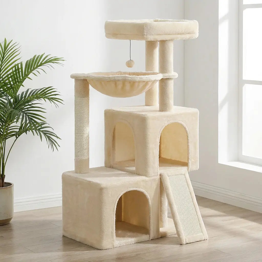 Arbre à chat beige avec deux niches spacieuses, hamac, rampe d'accès et poteaux sisal, palmier à gauche