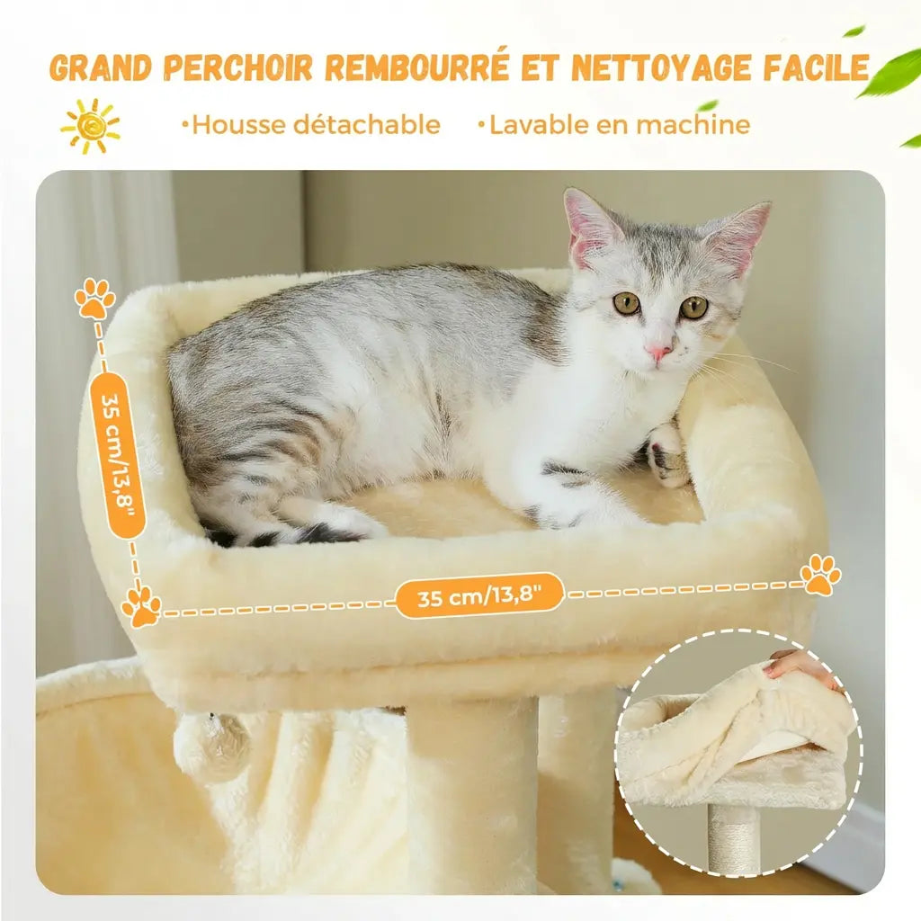 Gros plan du grand perchoir rembourré de l'arbre à chat beige avec housse détachable lavable en machine