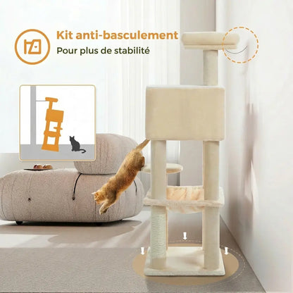 Démonstration du kit anti-basculement de l'arbre à chat beige pour une stabilité renforcée