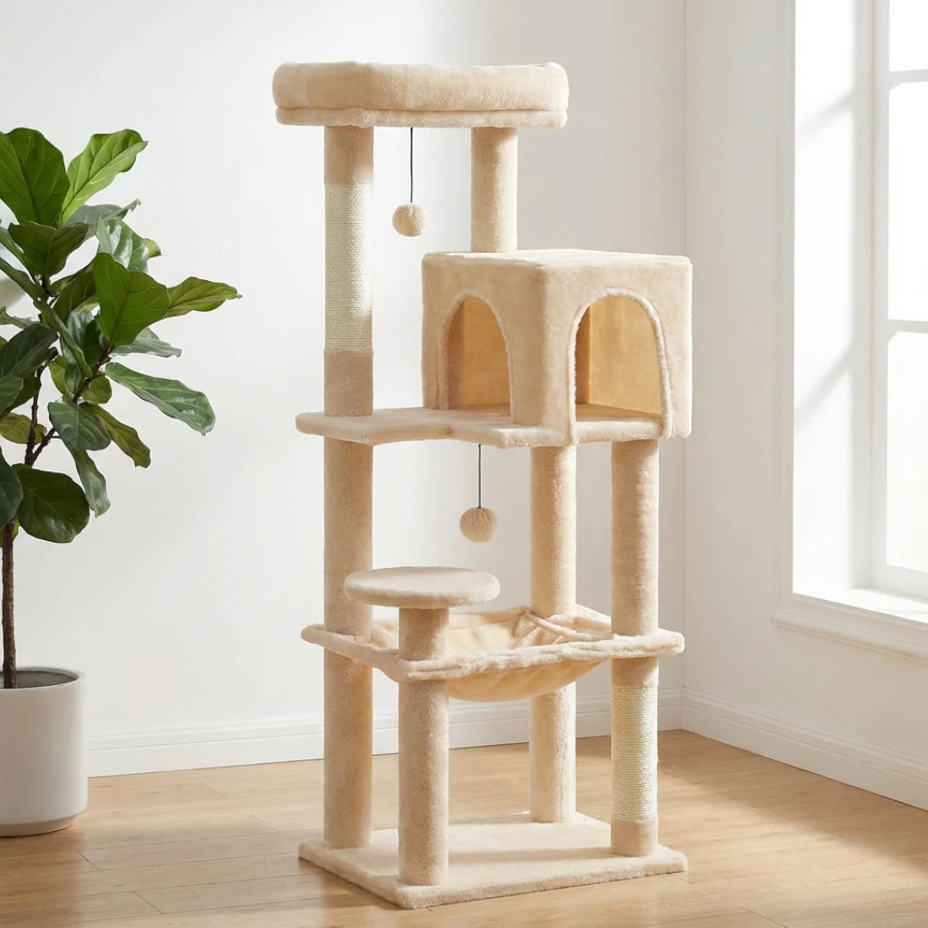 Arbre à chat beige multi-niveaux avec niche, hamac et perchoir rond, plante ficus en arrière-plan