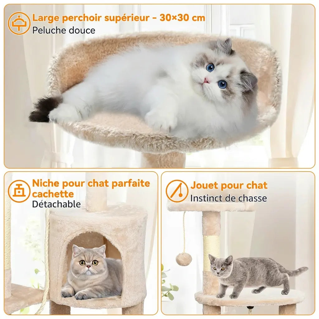 Détail du grand perchoir 30 x 30 cm en peluche douce, niche cachette détachable et jouet instinct de chasse de l'arbre à chat beige