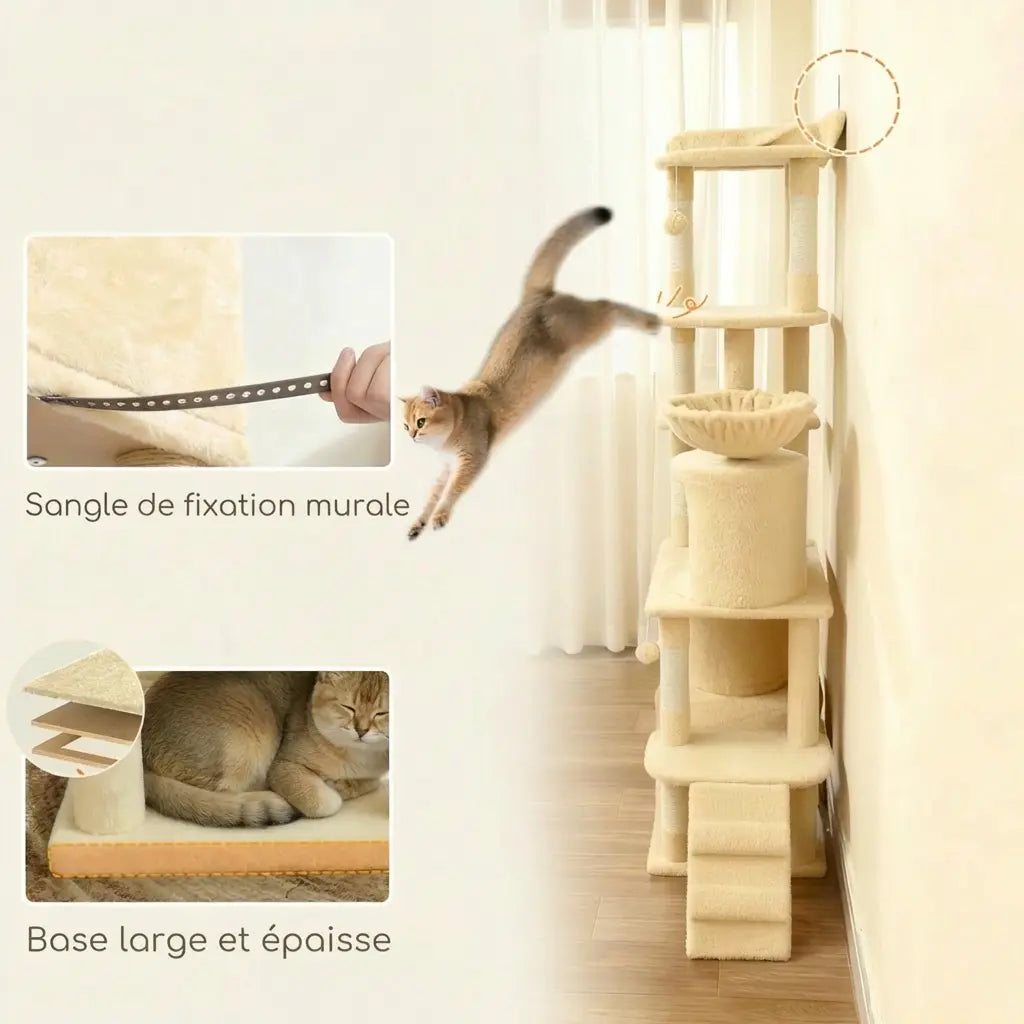 Détail de la sangle de fixation murale et de la base large et épaisse de l'arbre à chat beige 170 cm