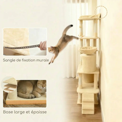 Détail de la sangle de fixation murale et de la base large et épaisse de l'arbre à chat beige 170 cm