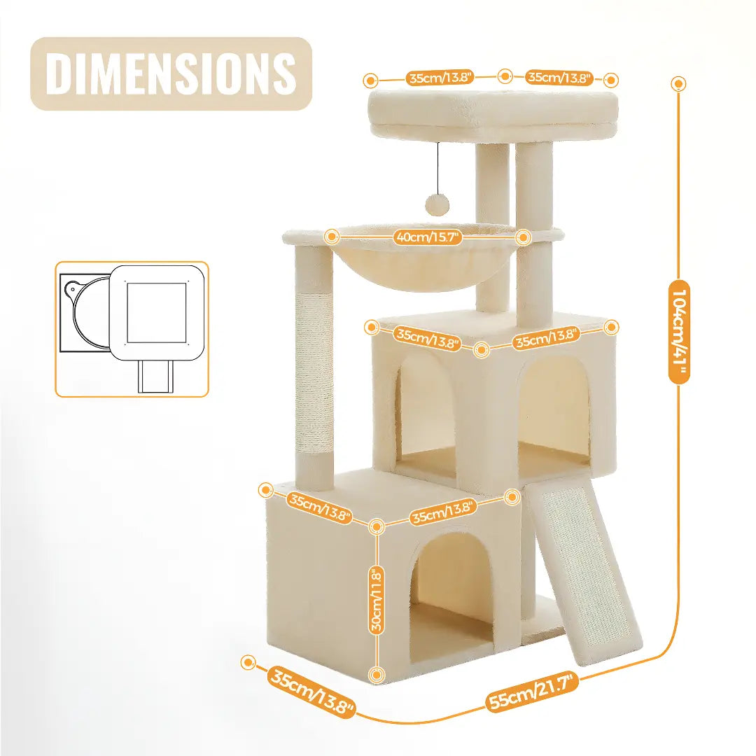 Schéma des dimensions de l'arbre à chat beige deux niches avec toutes les mesures annotées en orange