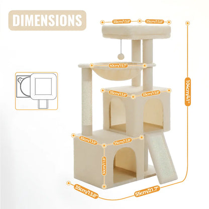 Schéma des dimensions de l'arbre à chat beige deux niches avec toutes les mesures annotées en orange