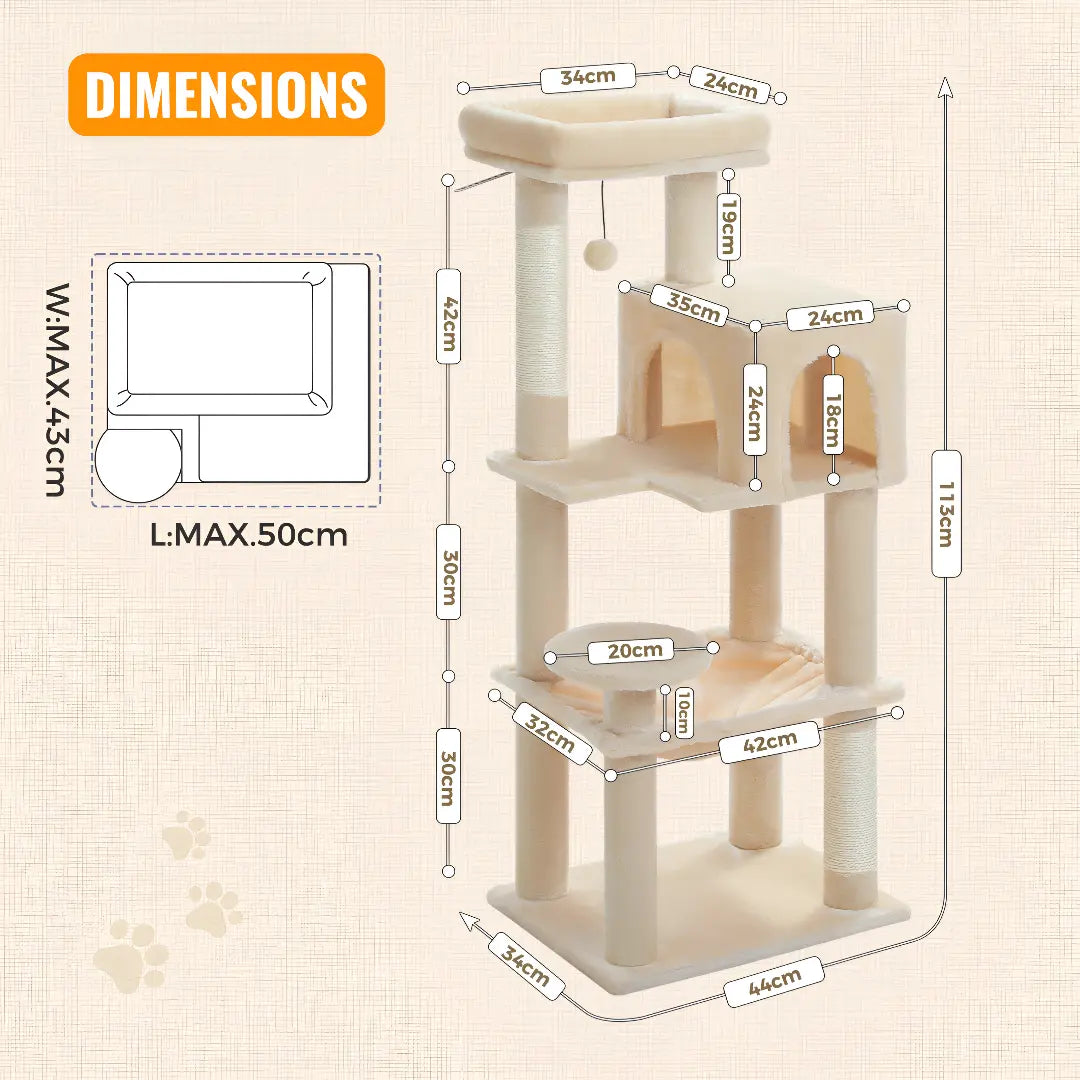 Schéma des dimensions de l'arbre à chat beige avec largeur maximale 50 cm et mesures annotées