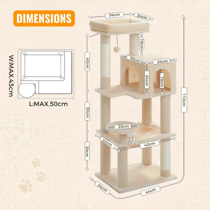 Schéma des dimensions de l'arbre à chat beige avec largeur maximale 50 cm et mesures annotées