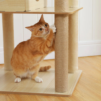 Chat roux qui griffe et joue contre le poteau en sisal de l'arbre à chat en bois beige