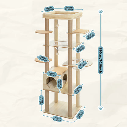 Vue produit de l'arbre à chat en bois beige sur fond blanc avec plusieurs chats répartis sur les niveaux
