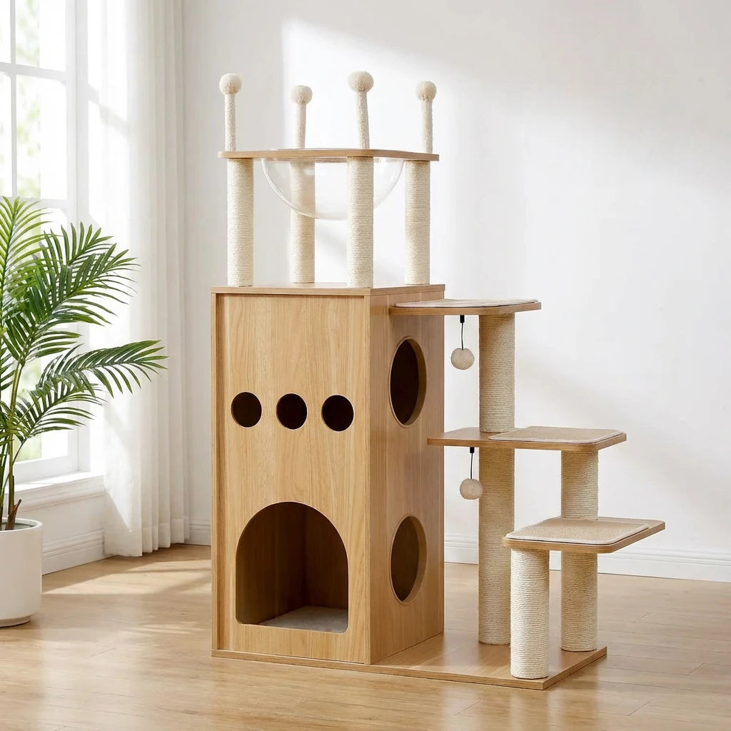 Arbre à chat en bois naturel style château avec capsule transparente, escaliers intégrés et poteaux sisal, ficus en arrière-plan