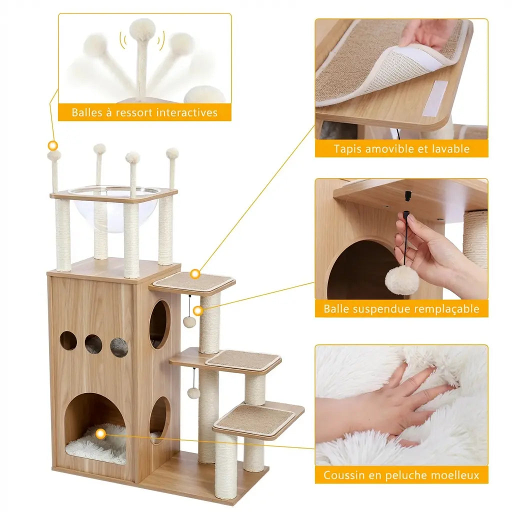 Détails d'assemblage de l'arbre à chat en bois château avec perchoirs et éléments annotés en orange
