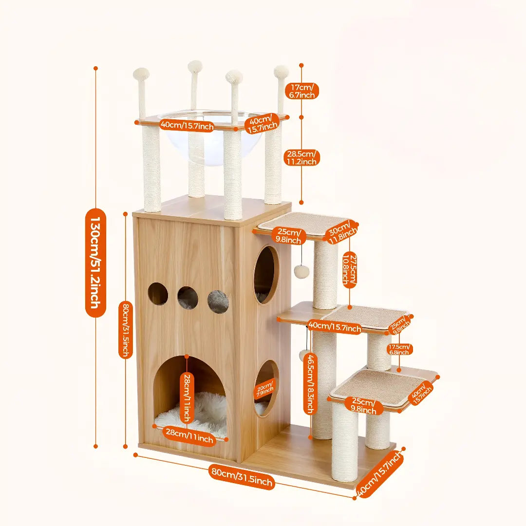 Schéma des dimensions de l'arbre à chat en bois château avec tous les niveaux mesurés et annotés en orange