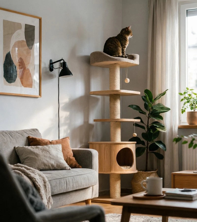 Arbre à chat intégré dans un salon moderne