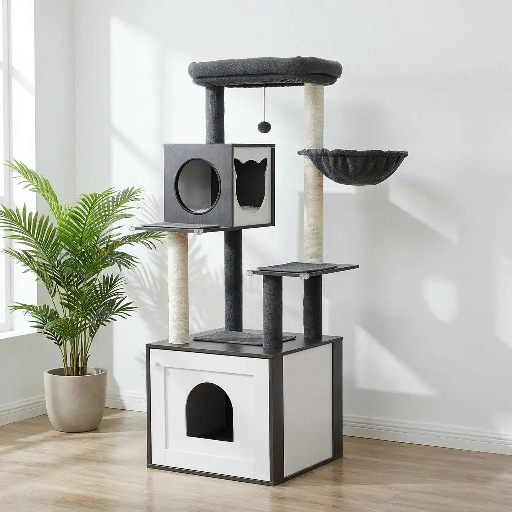 Arbre à chat en bois gris et blanc avec grand meuble litière en base, perchoir rond et poteaux sisal, palmier en arrière-plan