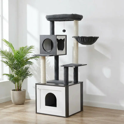 Arbre à chat en bois gris et blanc avec grand meuble litière en base, perchoir rond et poteaux sisal, palmier en arrière-plan