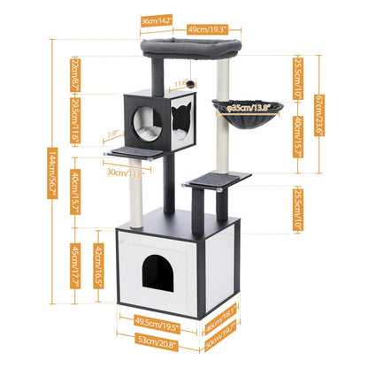 Schéma technique des dimensions de l'arbre à chat en bois gris et blanc annoté en orange