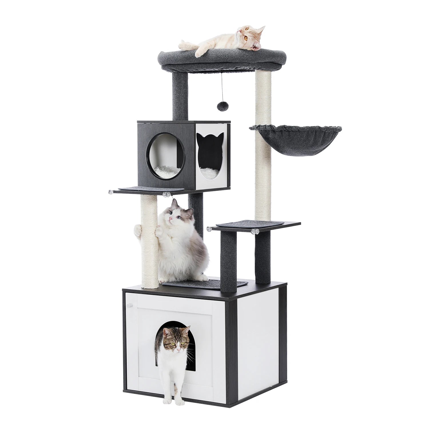 Vue latérale de l'arbre à chat en bois gris et blanc avec chat blanc installé sur le perchoir supérieur