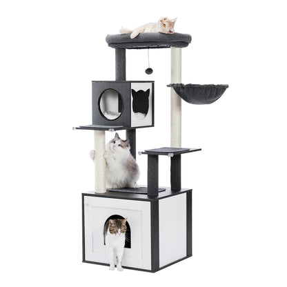 Vue latérale de l'arbre à chat en bois gris et blanc avec chat blanc installé sur le perchoir supérieur
