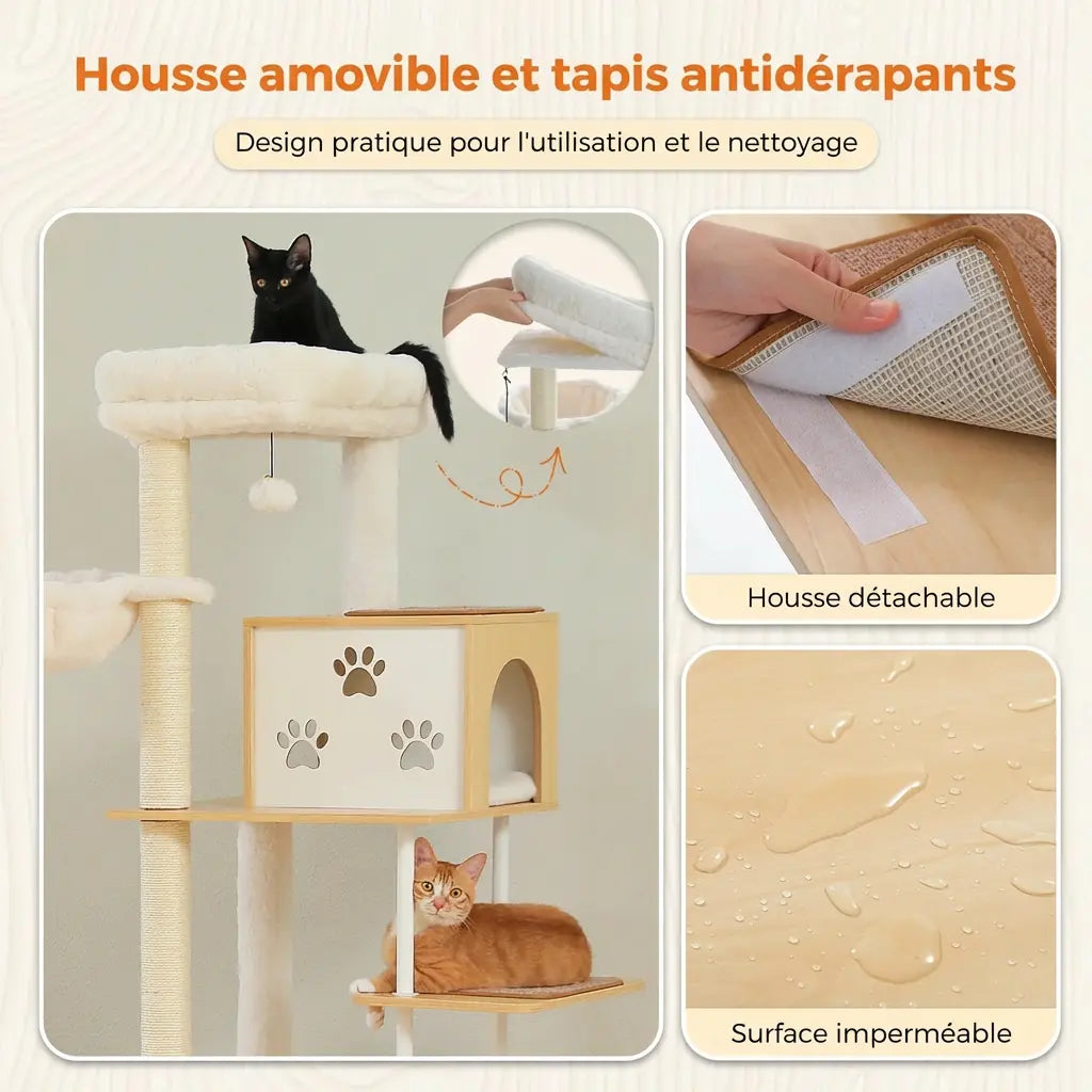 Détail de la housse amovible détachable et du tapis antidérapant imperméable de l'arbre à chat en bois naturel
