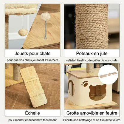Gros plan des accessoires de l'arbre à chat en bois : jouets, poteaux en jute, échelle et grotte amovible fixée par velcro